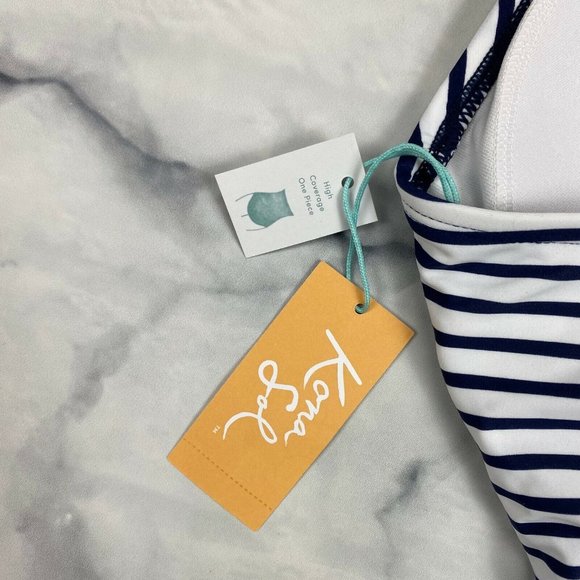 Kona Sol One Piece Swimsuit SMALL & XL Womens Navy Stripe Shirred Macrame Strap - Picture 8 of 10